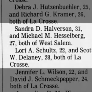 La Crosse County Marriages: Sandra D. Halverson & Michael M. Hesselberg